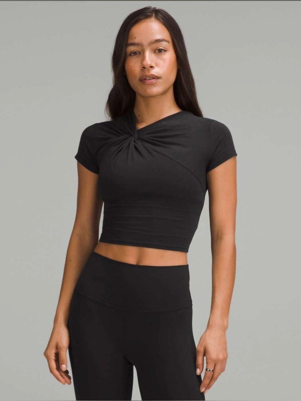 lululemon asymmetrical front twist t shirt black small crop top